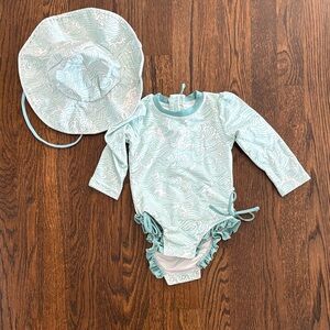Caden Lane Mint Wave Long-Sleeve Rashguard Swimsuit with Sun Hat